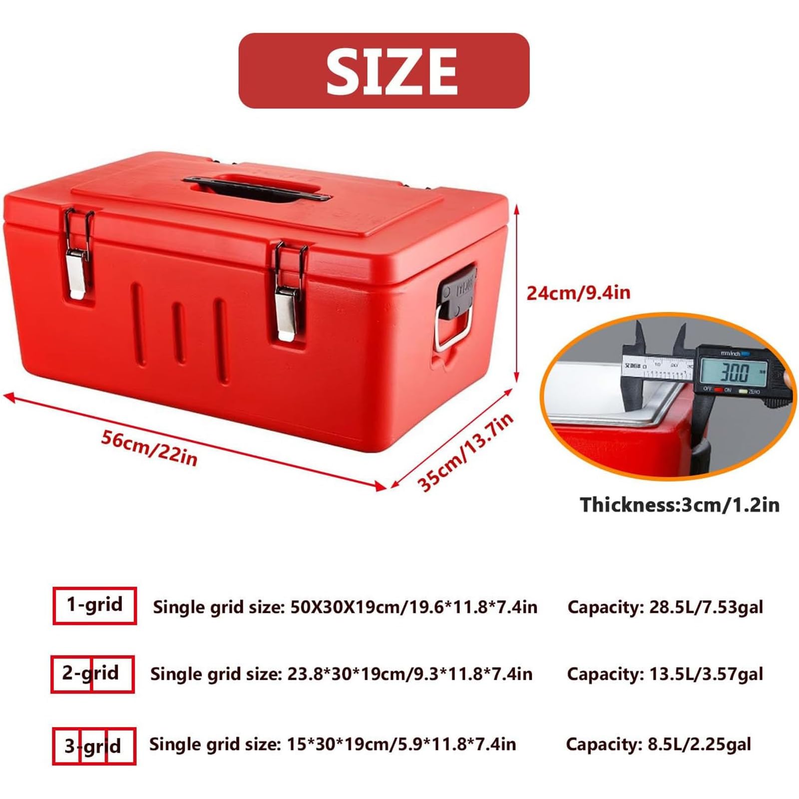 Caja de alimentos resistente aislada con sartenes de acero inoxidable, transporte de alimentos fríos y calientes, 4 hebillas y 2 asas para catering, camping