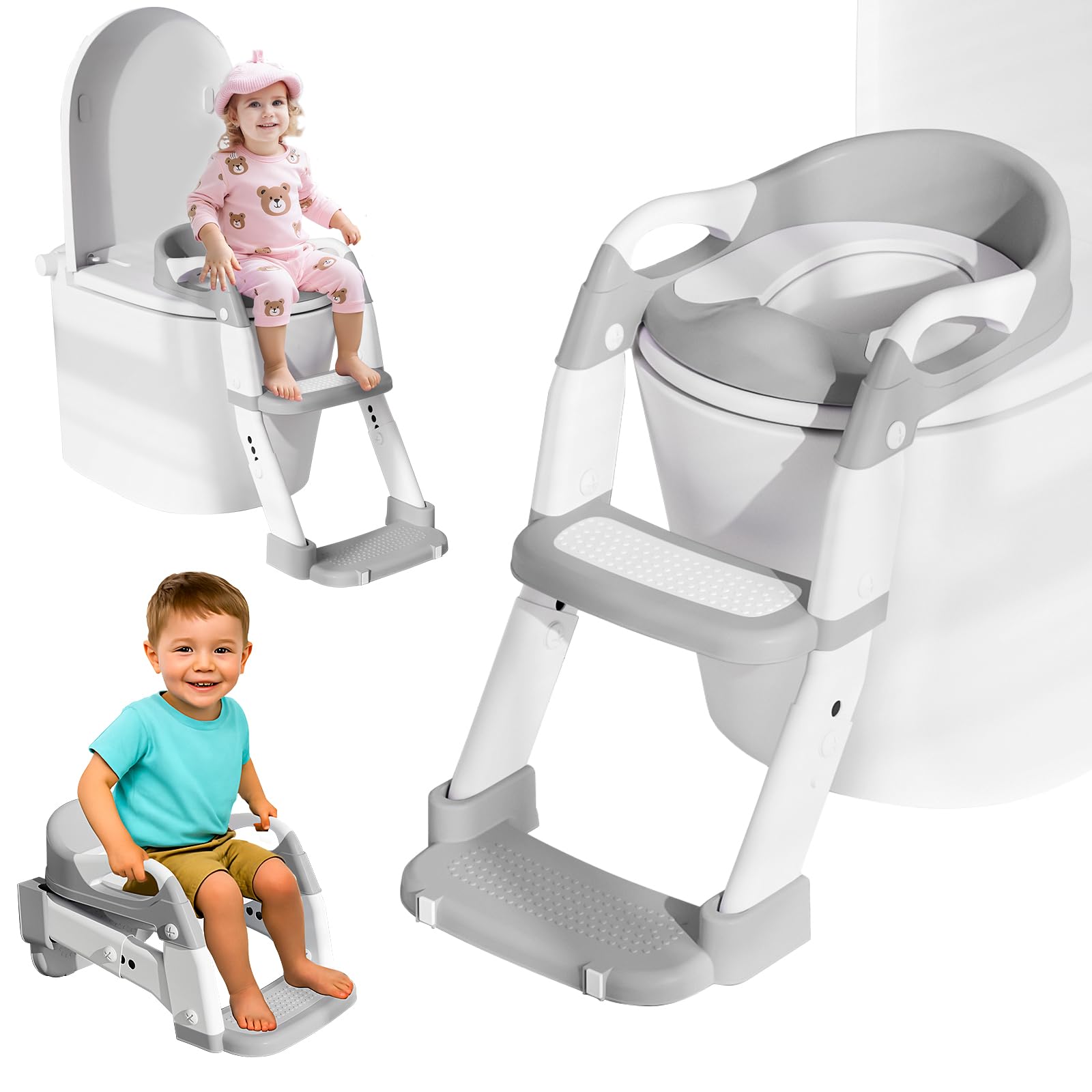 Riduttore WC Bambini con Scaletta, Multifunzione 3 In 1 Scaletta WC Per Water Bambini con Vasino Removibile, Paraspruzzi Estesi Regolabile e Pieghevole Sgabello Antiscivolo, Adattatore per Bambino