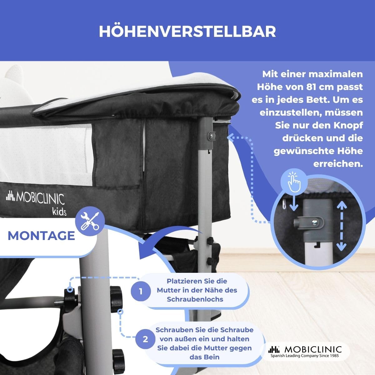 Mobiclinic®, 3-in-1-Babybett, Night, Beistellbett, Höhenverstellbar, Matratze, Moskitonetz, 360°-Rollen, Gurte, Aufbewahrungskorb, Bis 20 kg, Schwarz