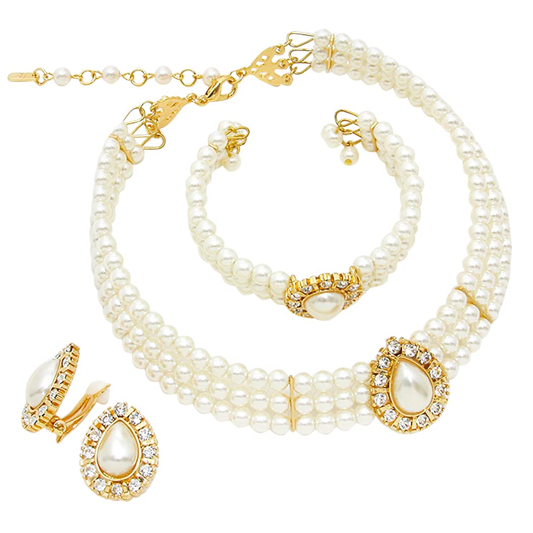 Rosemarie & Jubalee Set di 3 collane girocollo da donna, con perle finte a goccia, bracciale e orecchini a clip, da sposa, 27,9 cm + 7,6 cm di estensione