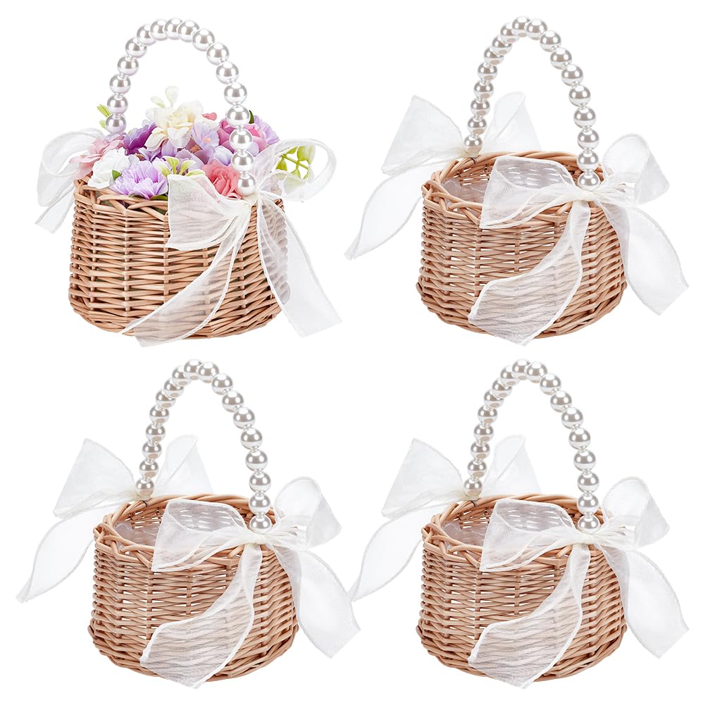 6 panier à Fleurs en Rotin Tressé Petit Panier en Rotin Tressé avec Anse en Perle Nœud en Ruban et Doublure en Plastique. Paniers à Fleurs Féeriques Paniers Tressés pour Œufs et Bonbons