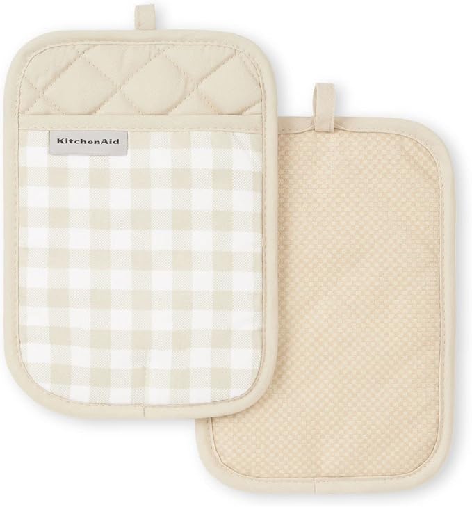KitchenAid Gingham Pot Holder 2-Pack Set, Milkshake Tan, 7"x10"