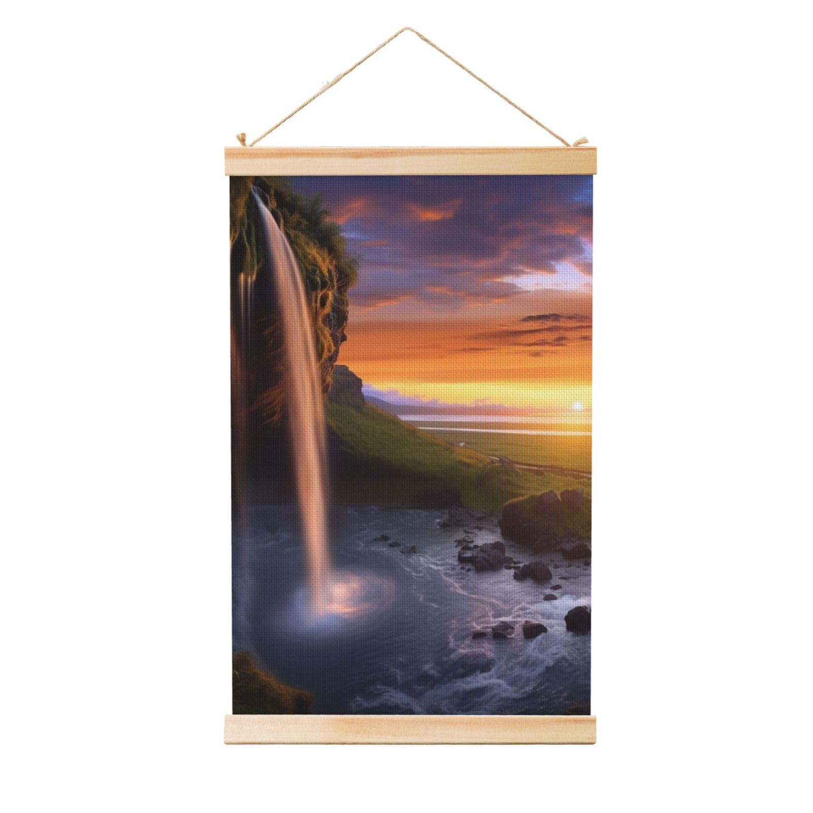 Waterfall at Sunset Posters Wooden Shaft Hanging Poster Canvas Prints Scroll Wall Art Painting Vintage Wall Banner Modern Artwork Decor for Home Decor Ready to Hang 20"x30"