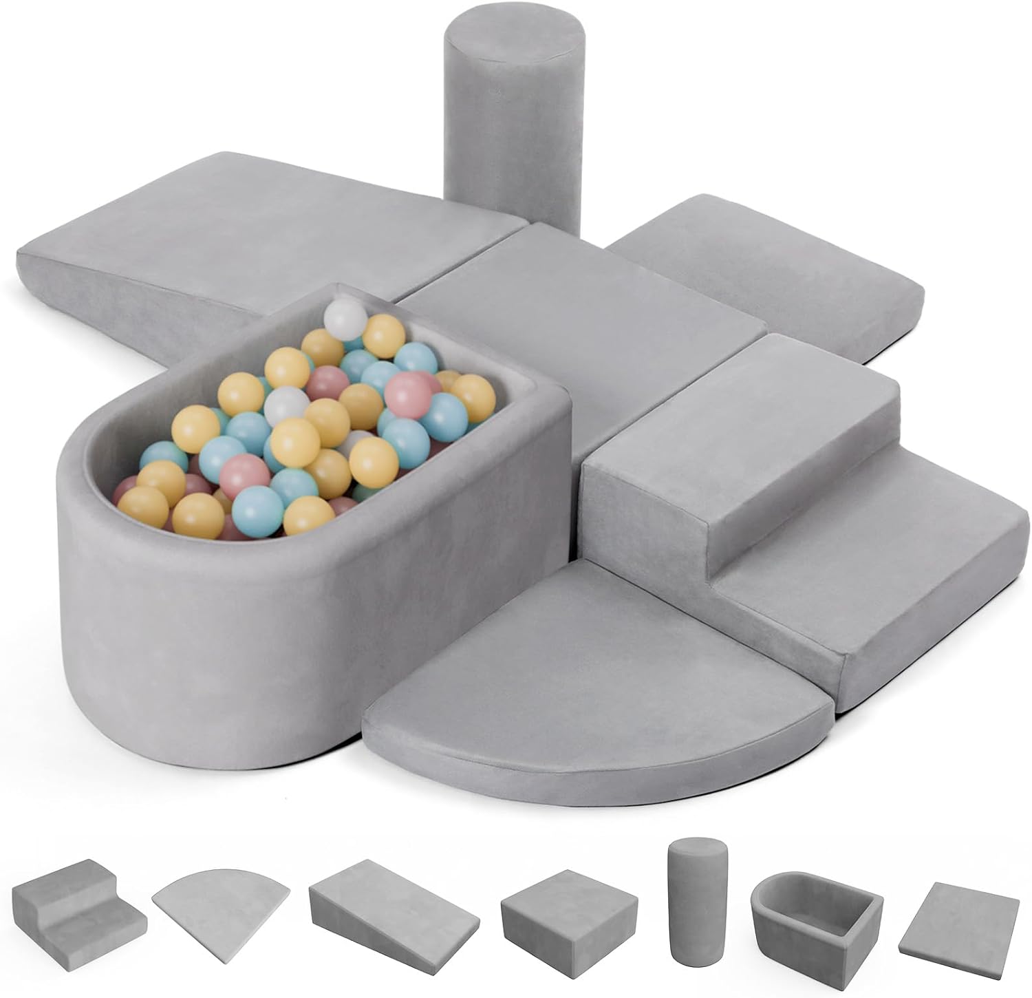 7-Piece Toddler Climbing Toys Indoor, Soft Foam Climbing Blocks with Ball Pit (Balls Not Included), Durable Climbing Toys for Toddlers 1-3, Climb and Crawl Play Set with Widended Velcro, Easy to Clean Extra Large