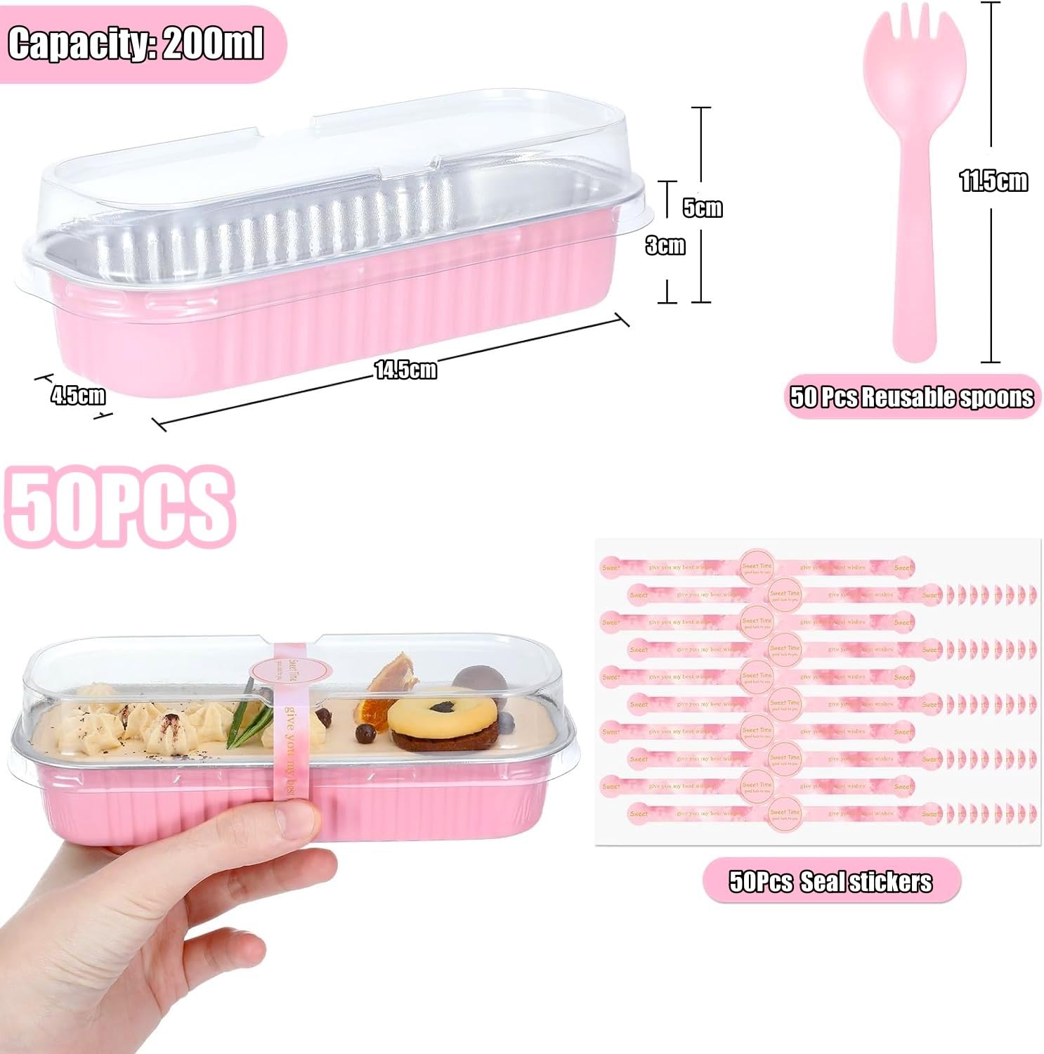 KAHEIGN 50 Pièces Mini Moules à Pain avec Couvercles et Cuillères, 200ml Plat de Cuisson Rectangulaires en Papier D'aluminium avec Autocollant pour Pain Gâteau Pique-Nique Fête (Argent Rose)