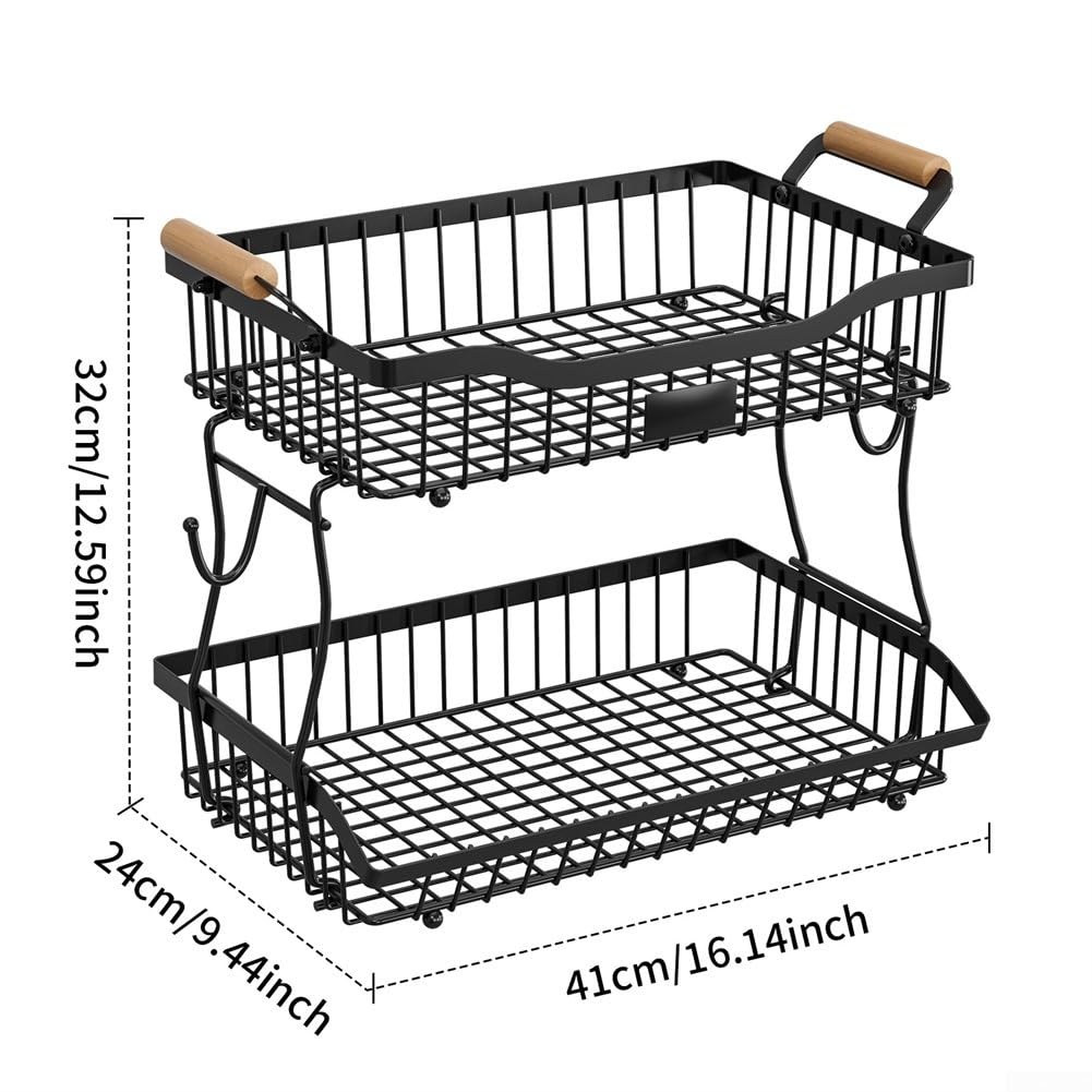 Cesta de frutas de metal de 2 niveles con gancho para plátano, estante para encimera de cocina, diseño negro, 41 x 24 x 32 cm