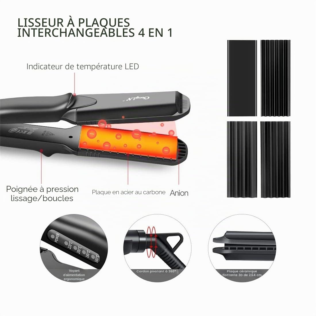 Lisseur Cheveux 4 en 1, avec 4 plaques interchangeables de fer à friser plat en céramique, lisseur cheveux avec Gant Anti-brûlure, Fers à friser pour la texture en Ondulations zigzag & volume