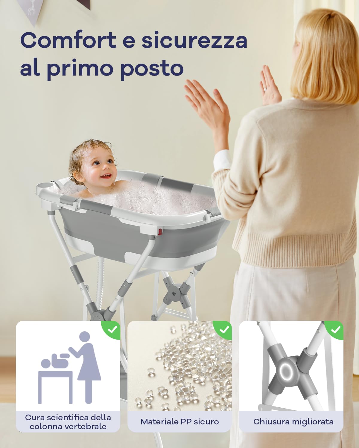 2 in 1 Bagnetto neonato con supporto, vaschetta da bagno con rete di sostegno per neonati e bambini piccoli, design multiuso e pieghevole per riporla facilmente, grigia