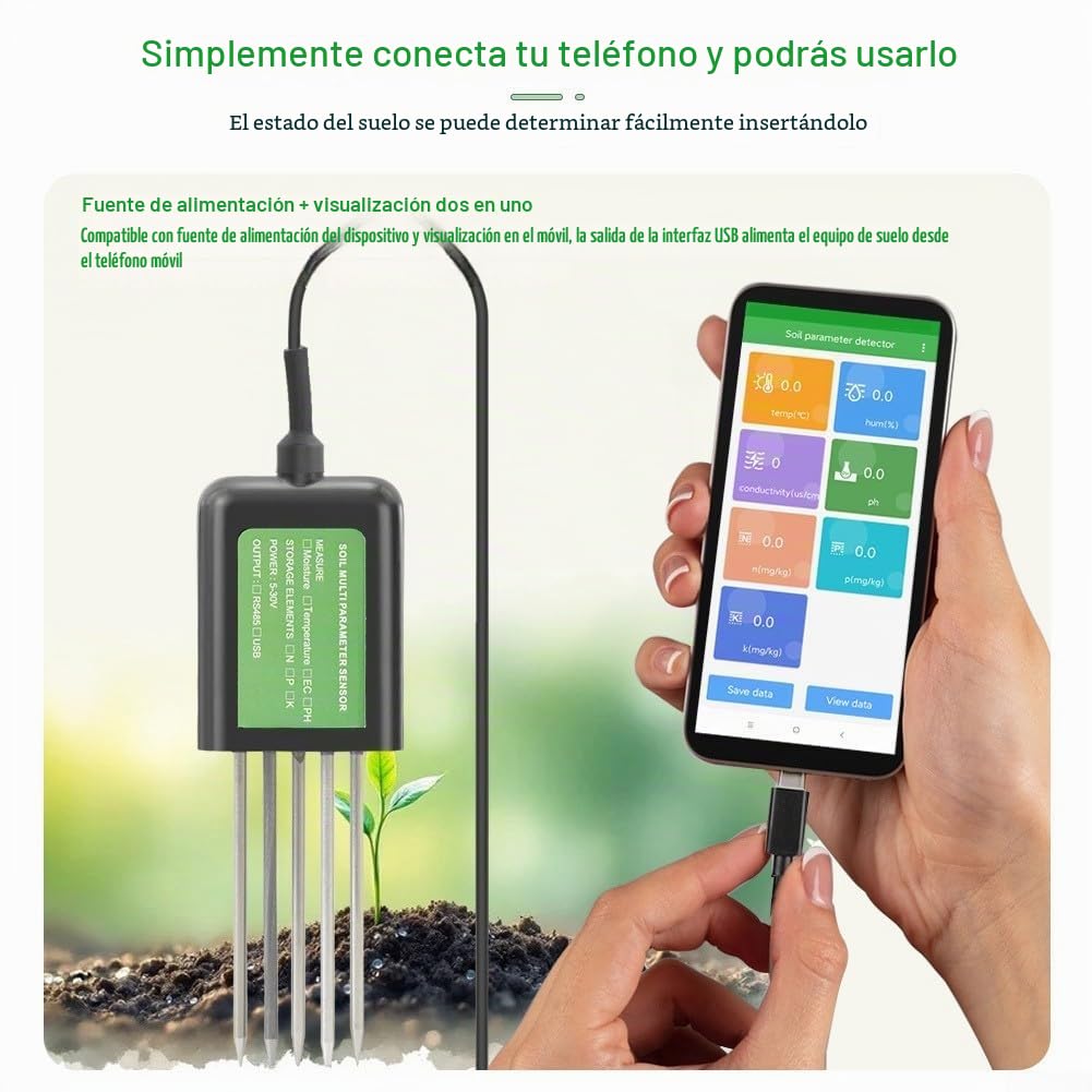 Eawfgtuw 8 en 1 USB Medidor de prueba de suelo digital pH temperatura humedad NPK analizador con soporte de aplicación móvil para agricultura jardinería investigación IP68 impermeable