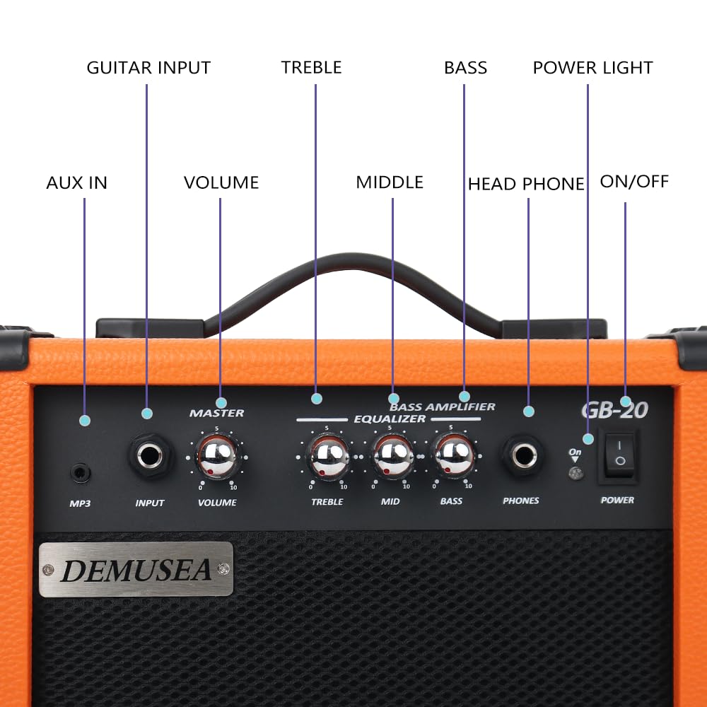 Amplificador de bajo eléctrico portátil naranja de 20 W, mini amplificador de viaje con conector para auriculares auxiliar, agudos, volumen de graves medios
