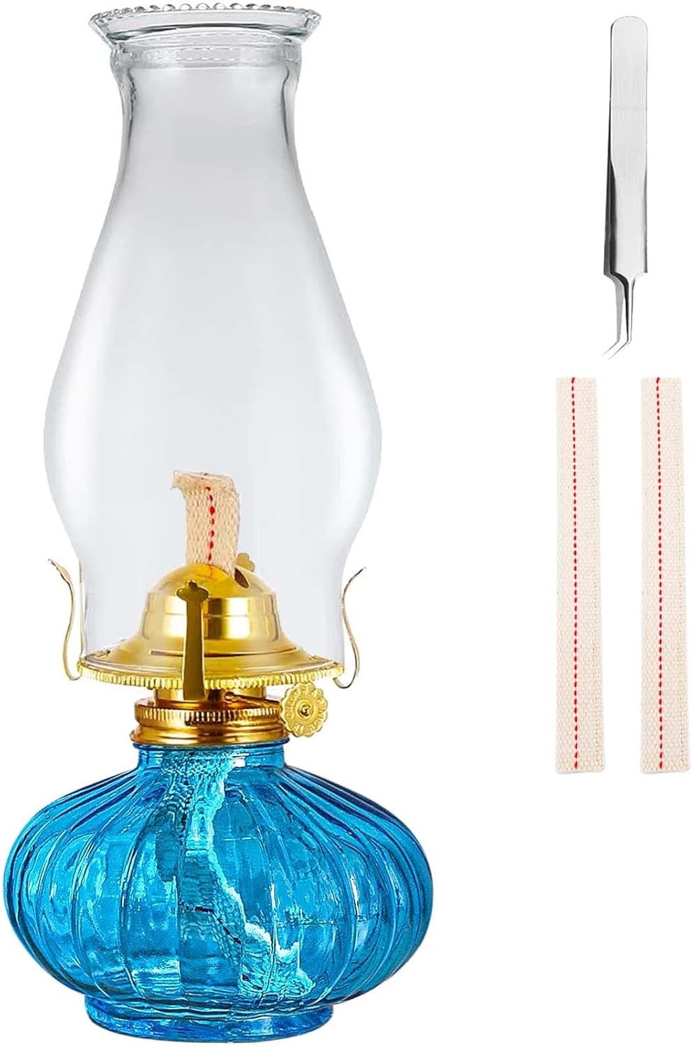 Large Oil Lamp for Indoor Use,Rustic Kerosene Lamp with 2 Pcs Wicks and 1 Tweezers,Glass Hurricane Lantern for Home Emergency Lighting (Blue)