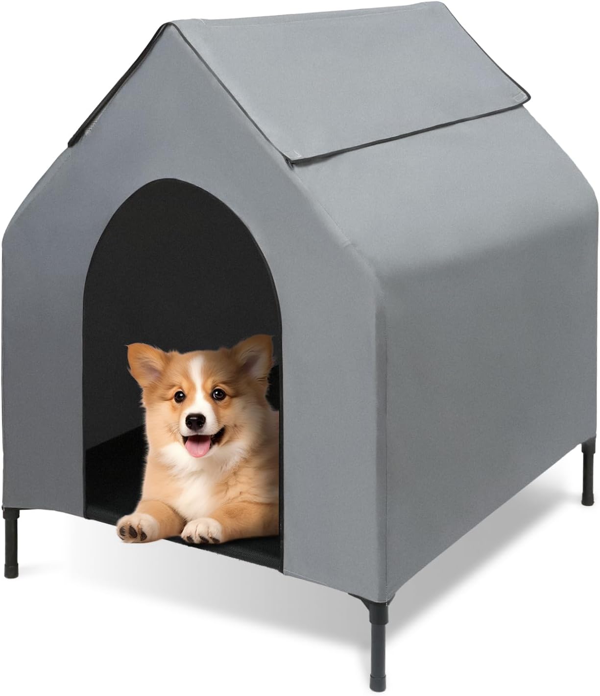 Photo 1 of  Dog House Outdoor, 2-in-1 Dog House for Small/Medium Dogs, Elevated Dog Bed with Canopy Weatherproof Puppy Shelter with Windows (Grey, 36 Inch) 