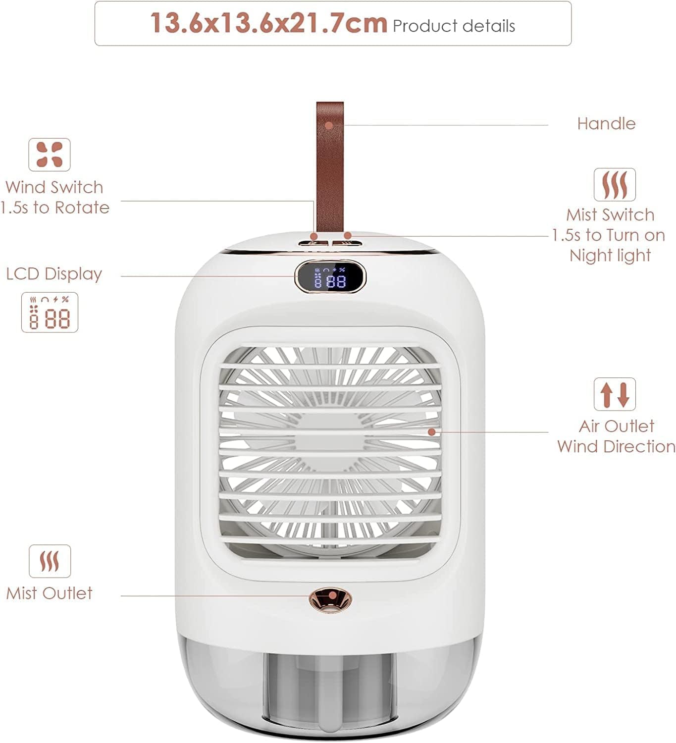 Climatizzatore Portatile USB Con Nebbia Intermittente E Oscillazione 180° – 3 Velocità + Luce Notturna – Bianco
