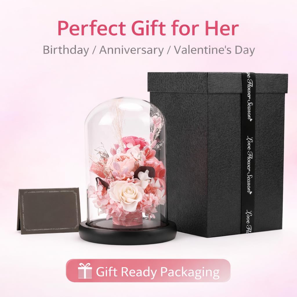 Preserved Rose in Glass Dome with LED Light, Handmade Forever Flowers Gift for Women, Romantic Gift for Birthday, Anniversary, Valentine’s Day, Gift Box Included