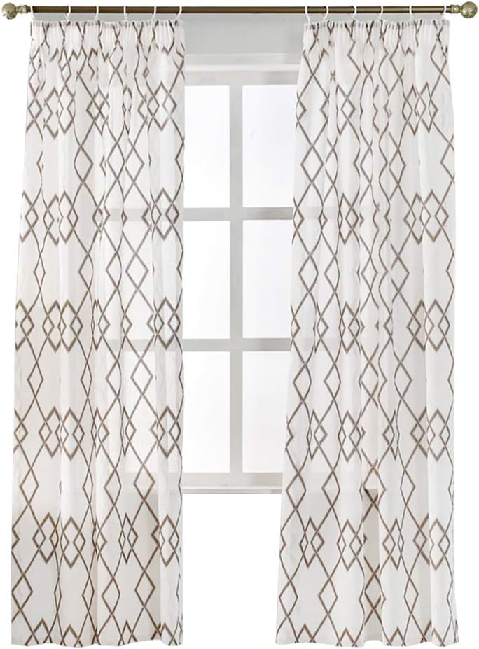 NAPEARL Voile Curtains, Pencil Pleat Voile Curtains with Geometric Patterns 63 Inches Long, Sheer Privacy Curtains for Living Room, Bedroom, Set of 2 Panels (Each 52 x 84 in, Brown)