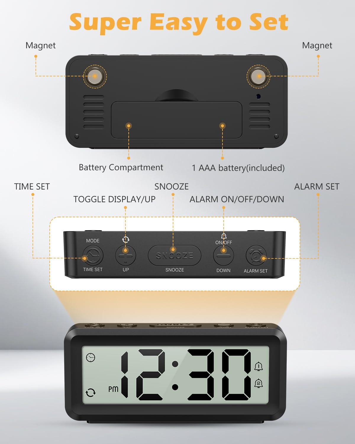 Battery Operated Small Digital Clock, Cordless, Dual Alarms&Snooze