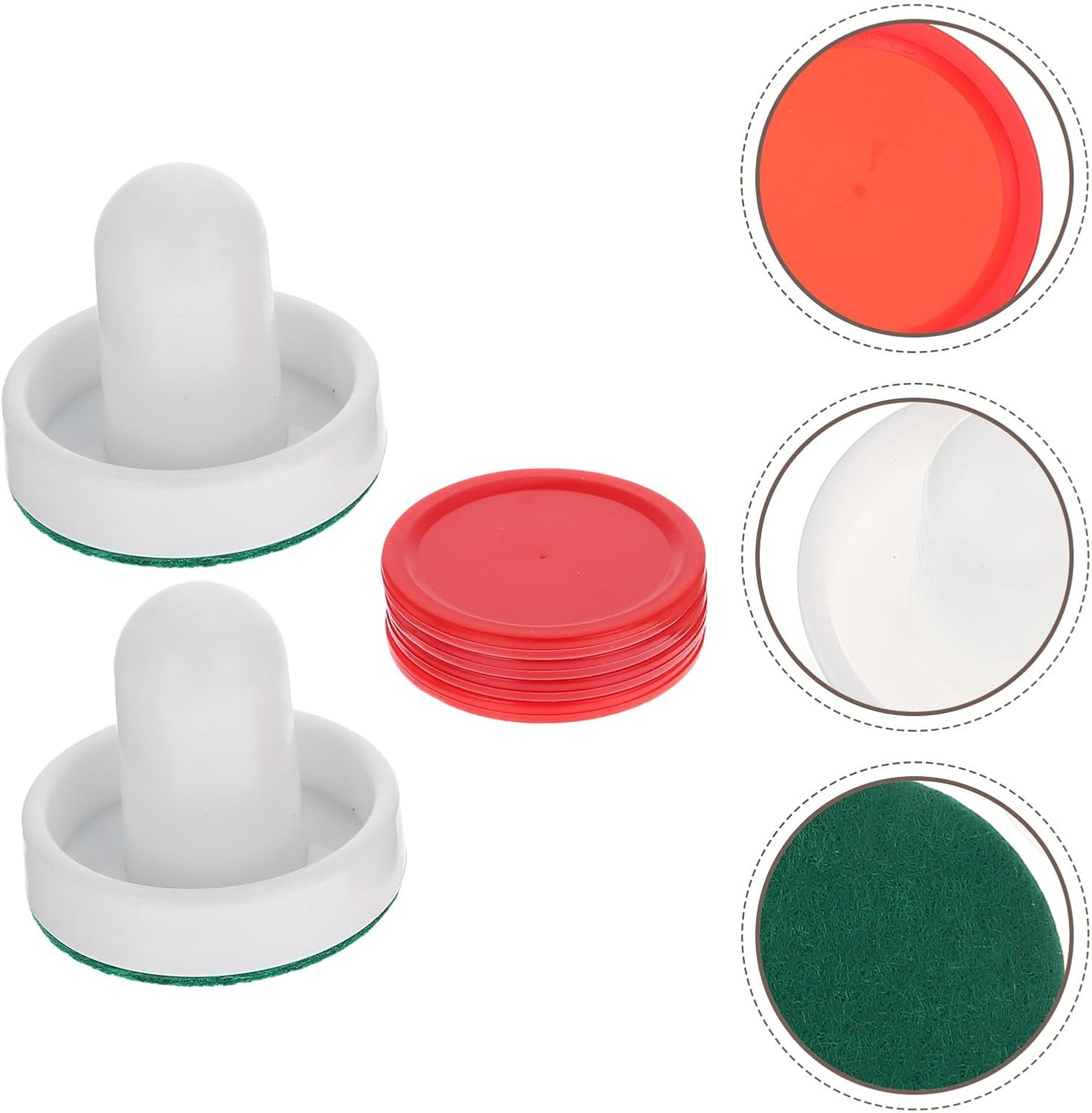 Hemobllo Air Hockey Pusher and Puck Set, 60Mm White Plastic Pushers with Red 51Mm Pucks and Felt Pads, 2 Sets Replacement Hockey Table Accessories for Game Room Play
