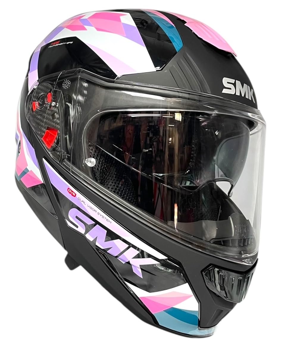 SMK Helmets Casco Modular GULLWING Charger Negro y Rosa Homologación 22.06 con Doble Visor P/J (M 57/58)