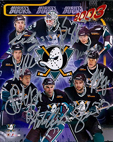 Signed Ducks, Mighty (2002-03) 8x10 by the 2002-03 Mighty Ducks (Jean-Sebastien Giguere, Keith Carney, Stanislav Christov, Steve Rucchin, Ruslan Salei, Adam Oates, Petr Sykora, Paul Kariya) 8 signatures in all autographed