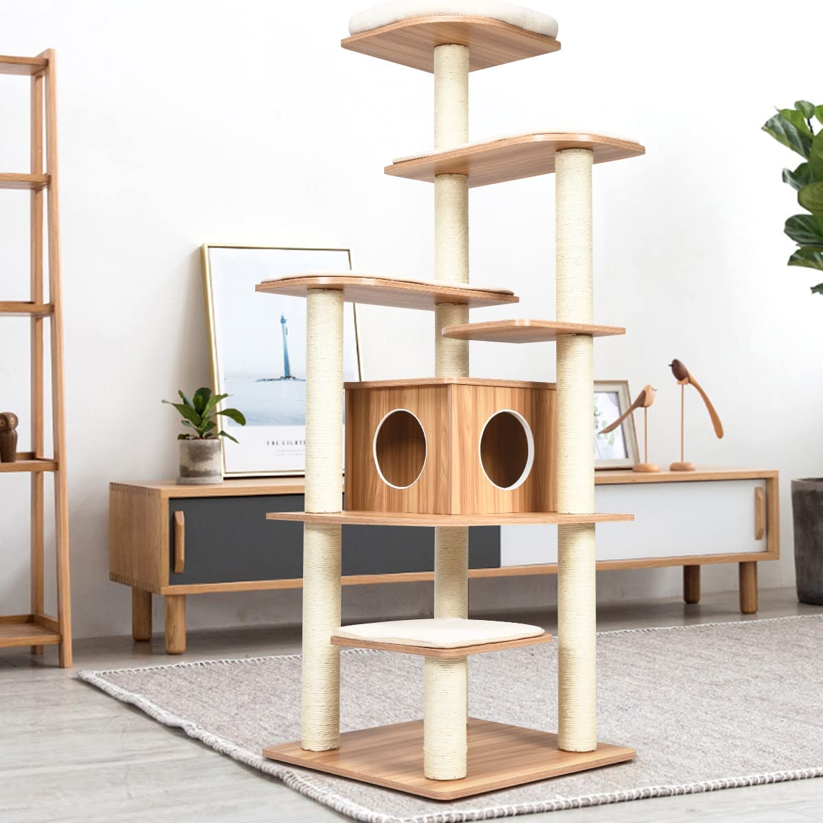COSTWAY Árbol Rascador para Gatos de 175 cm, Torre para Gatos de Madera, con Plataformas Multiniveles, Rascadores y Columnas de Cuerdas de Sisal, Casa para Gato Recubierta en Tejido Afelpado, Natural