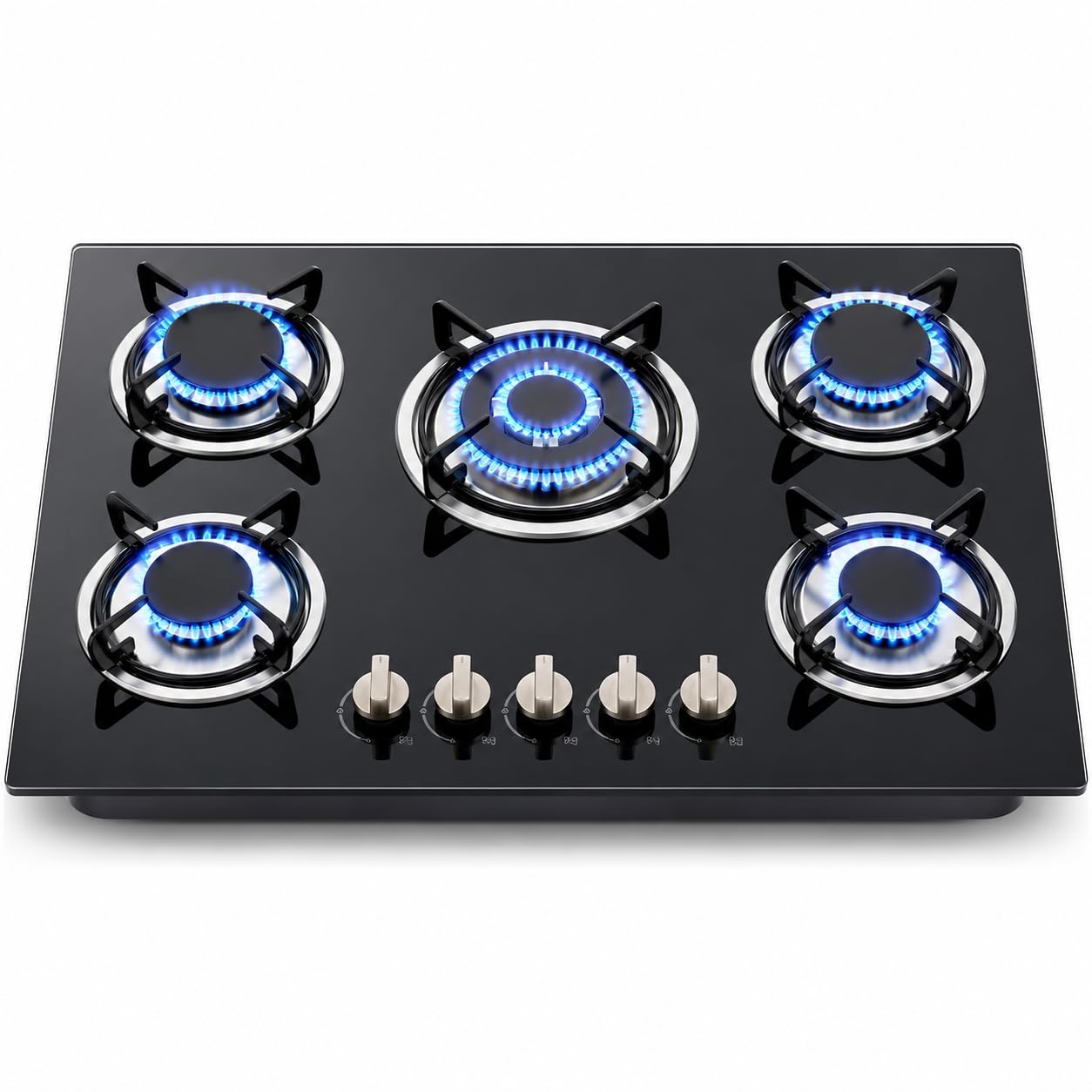Cocina de gas de 5 fuegos, de cristal, empotrada, con protección automática de fallo de llama, placa de gas natural y gas propano, color negro, con encendido de batería, 77 cm