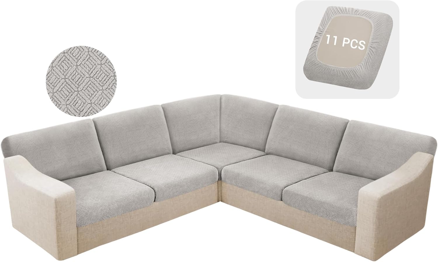 HDCAXKJ Waterproof Sectional Couch Cushion Covers 11 Pieces Stretch Jacquard L Shaped Corner Sofa Slipcover Back Cover Soft Sofa Seat Cushion Covers for Dogs Pet (5 Seater and 6 Backrest, Silver Gray) 5 Seater and 6 Backrest Silver Gray