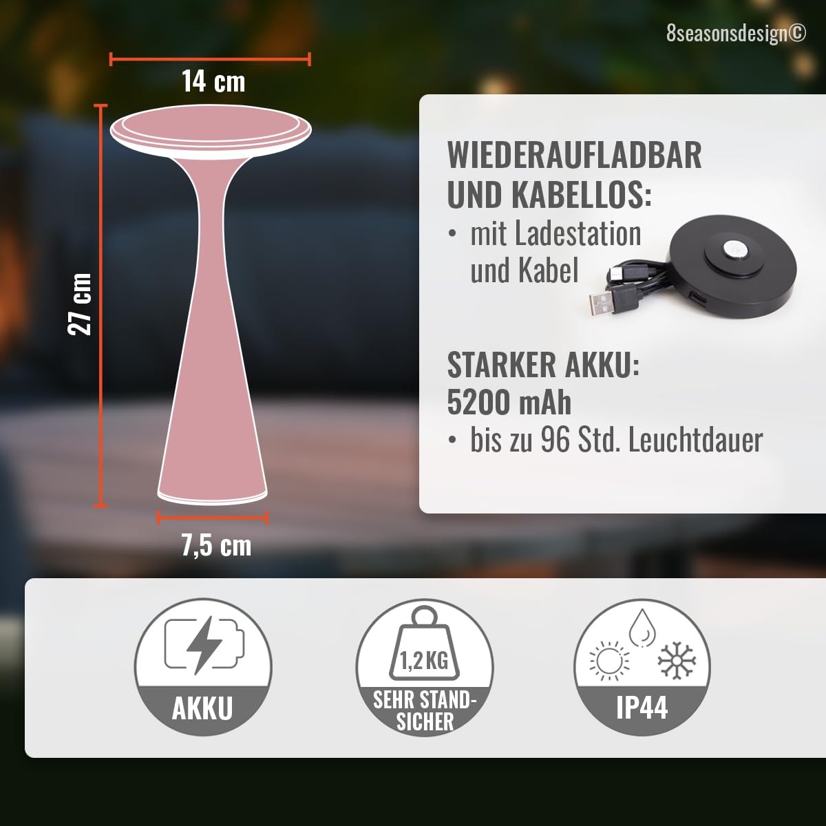 8 seasons design Tischlampe kabellos, dimmbar, Outdoor & Indoor - Hello Space - USB Ladestation, 27cm, Aluminium (pink), LED warmweiß bis kaltweiß, Touch Control, Akku Tischleuchte