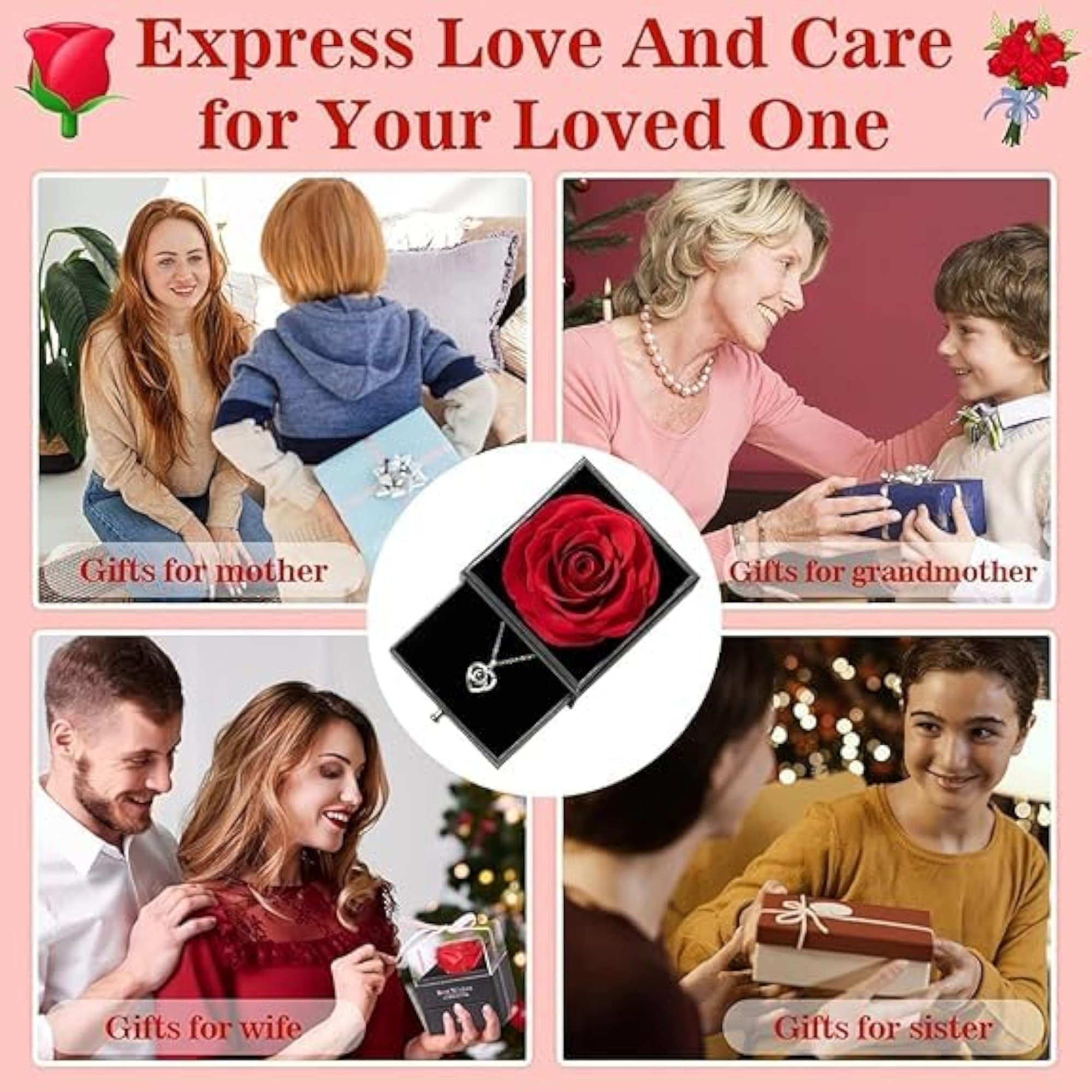 Artificial Preserved Red Rose & Heart Necklace Gift, Romantic