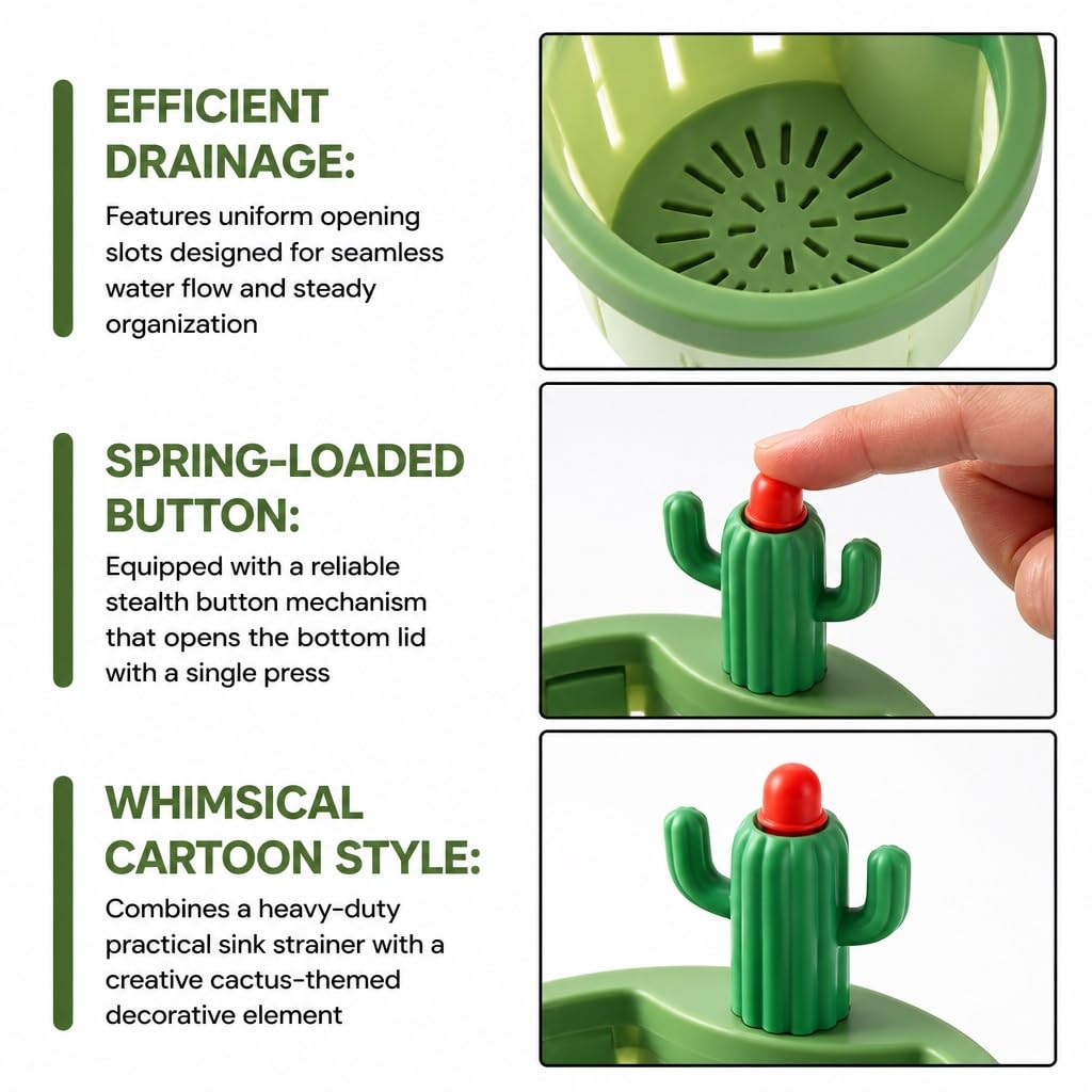 Filtro Lavandino Cucina Divertente a Forma di Cactus, Cestello Filtro per Lavello con Maniglia di Sollevamento, Raccoglitore Avanzi di Cibo Autopulente, Scarico Facile a Pressione(A)