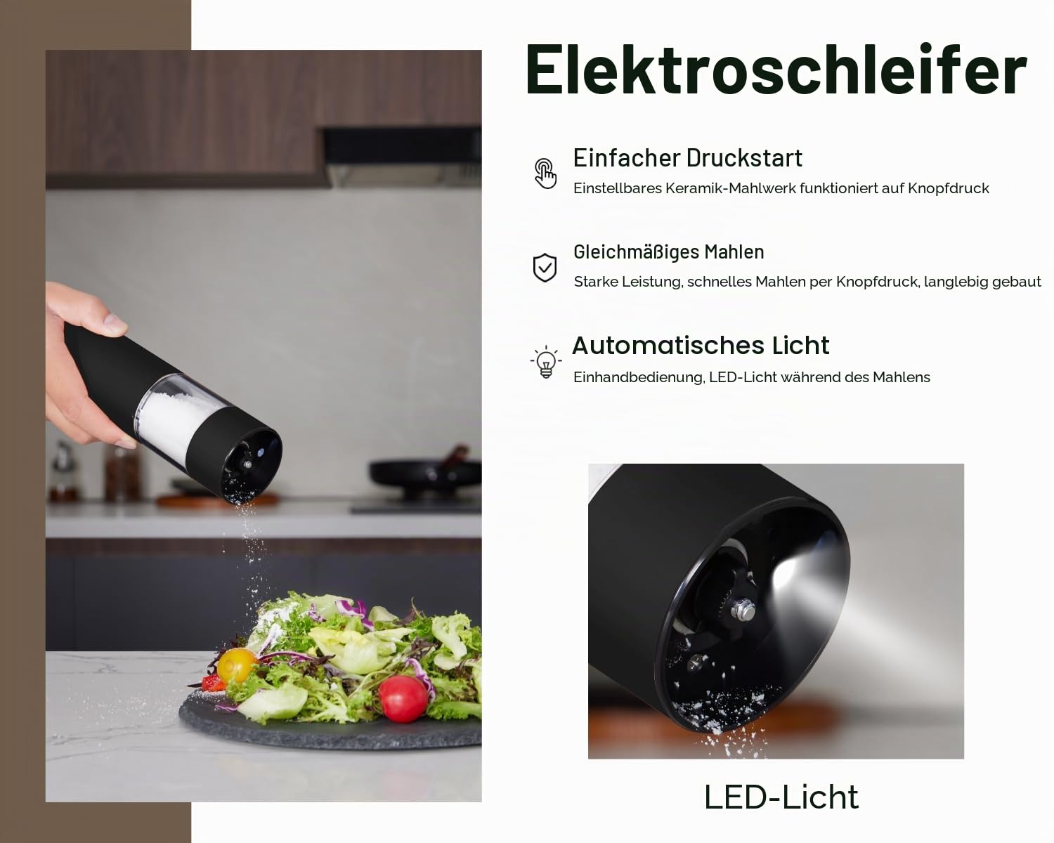 Edelstahl Elektrische Salz- und Pfeffermühlen Set USB-wiederaufladbar – 6 Mahlstufen, LED Licht & Staubschutzdeckel – 2er-Set Braun