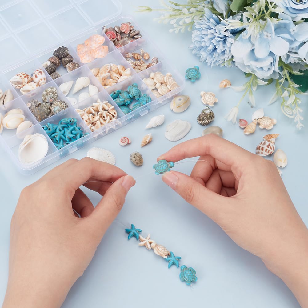 arricraft 15 stijlen zeeschelpkralen, oceaan thema kralen kit, natuurlijke schelpkralen, spiraalvormige schelpkralen, zeester schildpad geverfde synthetische turquoise kralen voor sieraden ketting