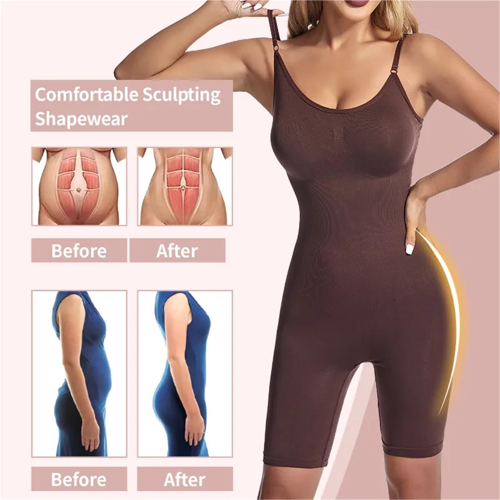 Body Modellante da Donna, a metà Coscia, Contenitivo, Modellante e Senza Cuciture Ideale per Feste, Matrimoni e Raduni(Brown,XL)