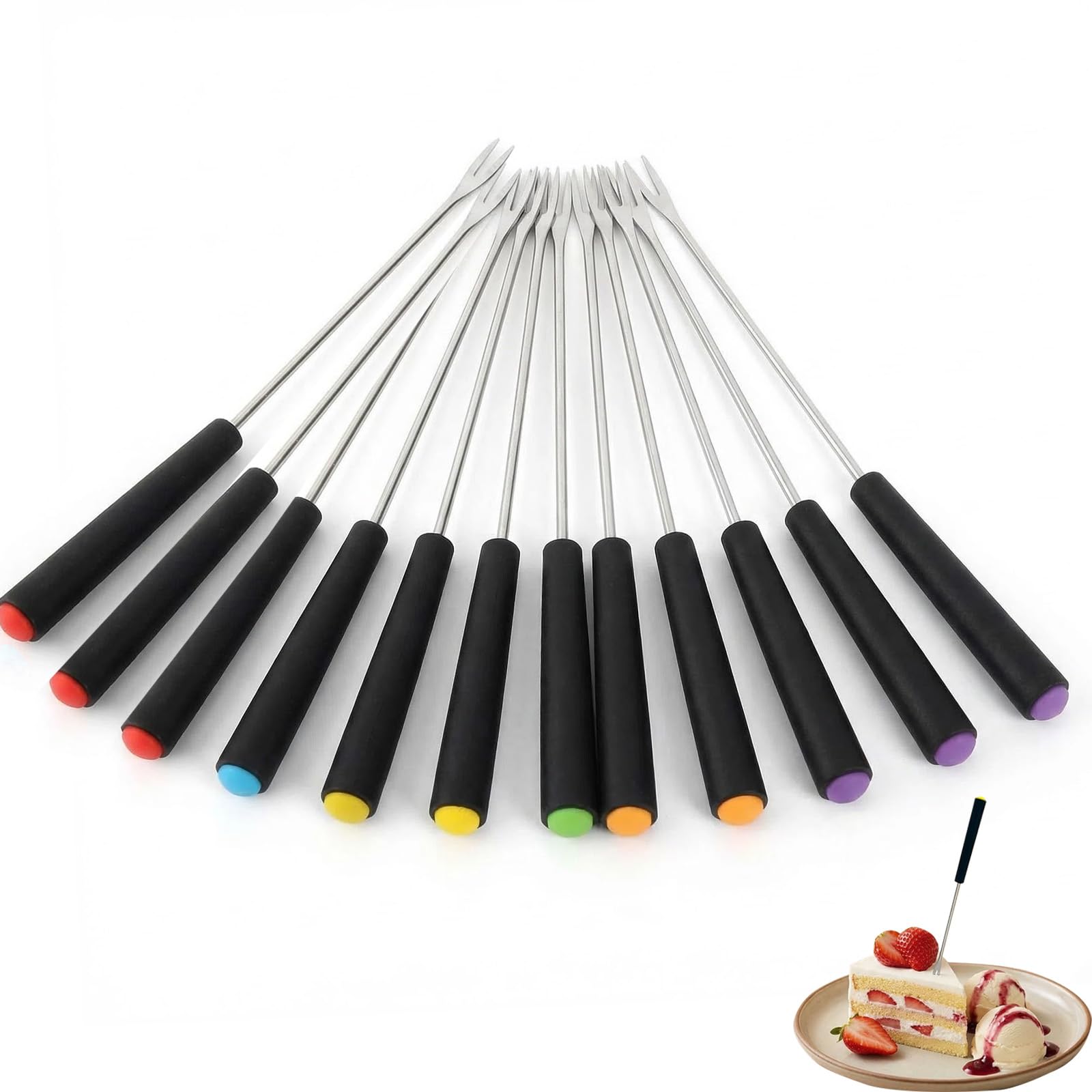 Lot de 12 fourchettes à fondue en acier inoxydable avec poignées résistantes à la chaleur et codées par couleur – longues tiges antidérapantes pour fromage, chocolat, guimauves, viande, pique-niques