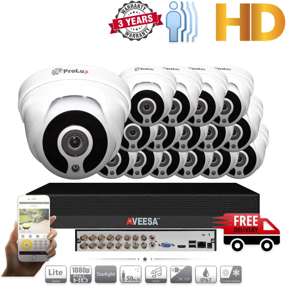 1080p CCTV Home Security System Camera 4K Resolution 16CH DVR NVR XVR (2TB) Hard Drive with (16) ProluX Outdoor 2.4 Megapixels 25M IR Night Vision Surveillance Support 4x IP 5MP Camera 16 Channel