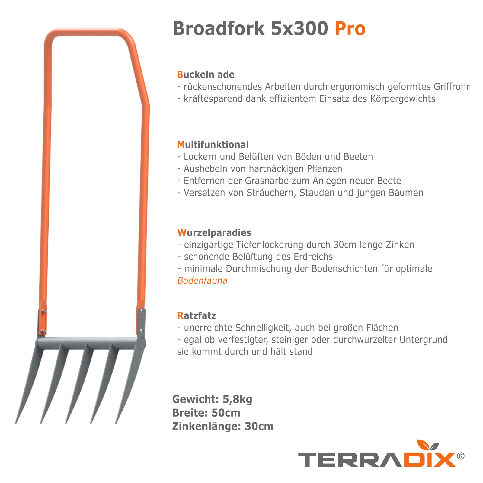 Grelinette TERRADIX 5x300 - ameublissement Optimal en Profondeur et aération des Plates-Bandes - pour Une Constitution réussie de l'humus - Largeur de Travail 50cm - Longueur des Dents 30cm