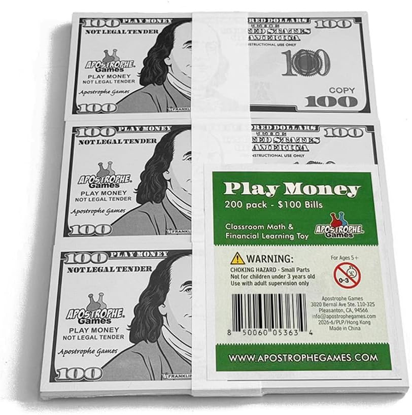 Apostrophe Games Play Money - Pretend Money for Kids, Math Game, Kids Banking Toy, Classroom and Homeschool Supplies, Teacher’s Aid