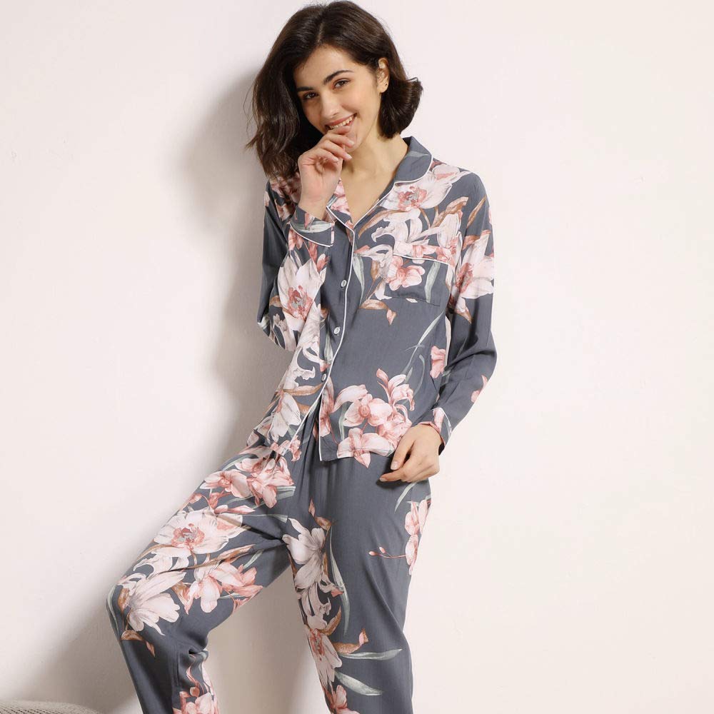 Conjunto De Pijamas De Mujer,Suave & Acogedor Pijama De Algodón Viscosa Elegante Estampado De Flores Fino Manga Larga Con Botones Conjuntos De Pijamas Ropa De Dormir De Verano Ropa De Dormir Ropa De