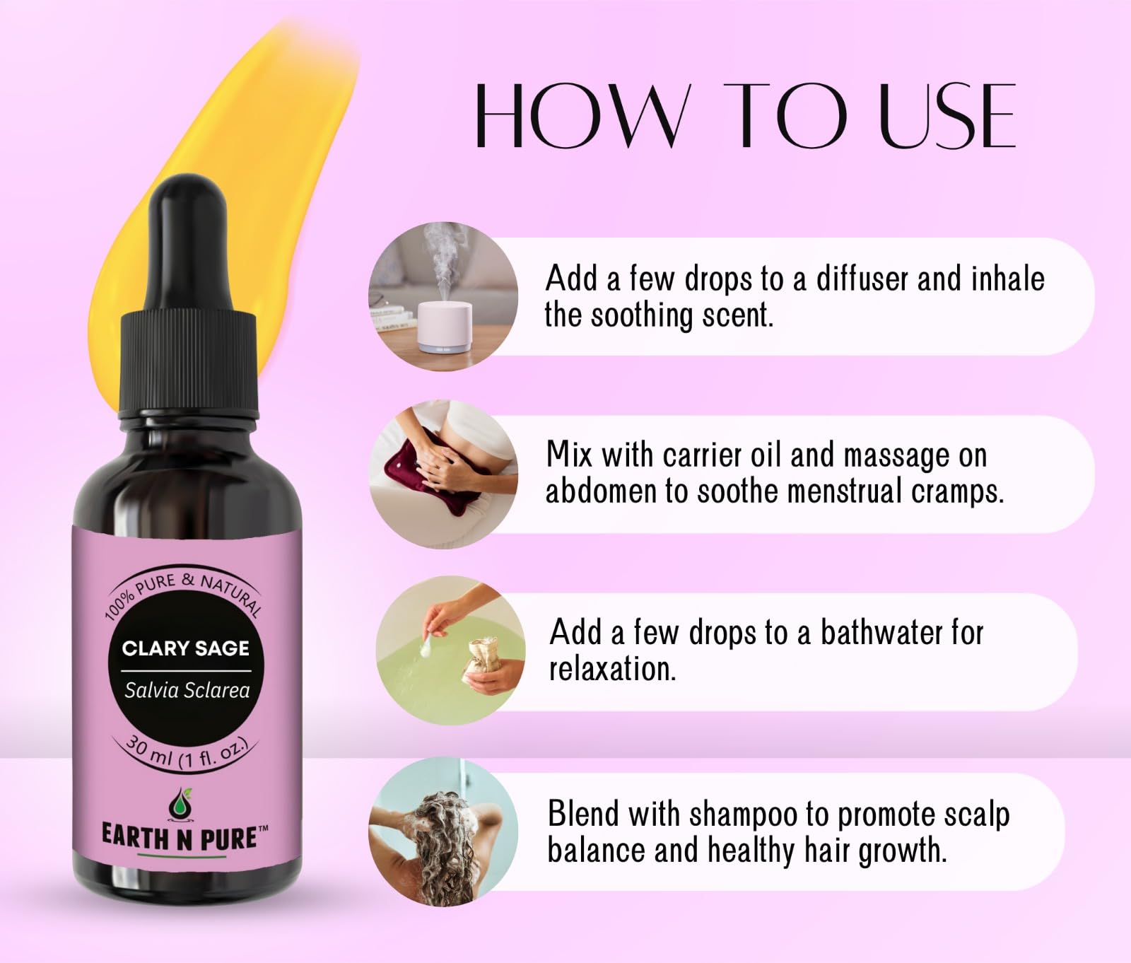 Earth N Pure Clary Sage Essential Oil | 100% Pure & Natural | Steam Distilled | For Aromatherapy, Diffuser, Massage, Skincare & Hair Care | 100ml 4