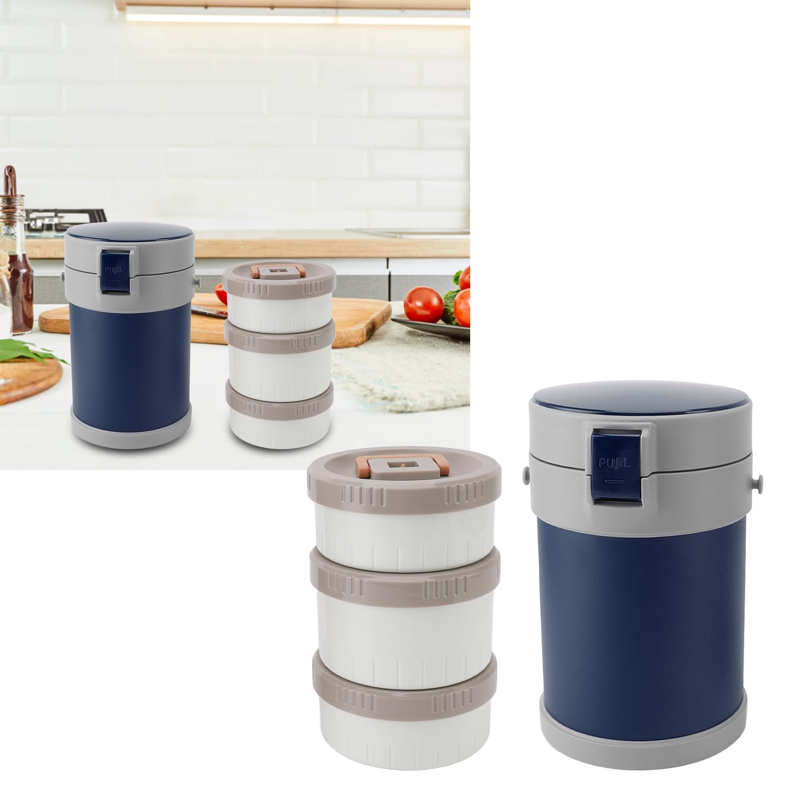 Tarro aislado para alimentos, 2 litros, 3 niveles, al vacío de acero inoxidable 304, apto para microondas con correa para el hombro para la escuela y la oficina, color rojo (Azul)