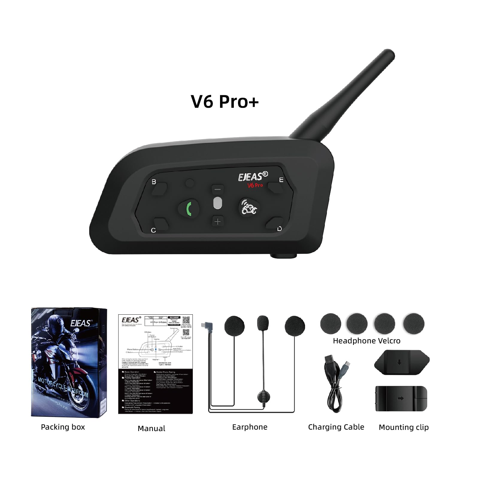 EJEAS V6 Pro + Casque Bluetooth pour Casque de Moto, Version améliorée V6 Pro, équipé d'une Interface de Type C (Lot de 1)