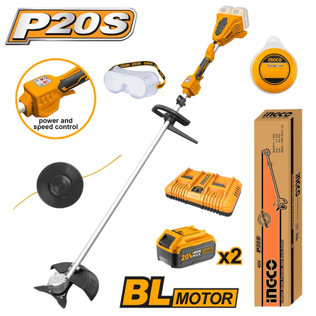 Ingco Cstli200285 - Desbrozadora a batería de 40 V doble batería 4 Ah cortabordes velocidad y potencia ajustables profesional jardinería