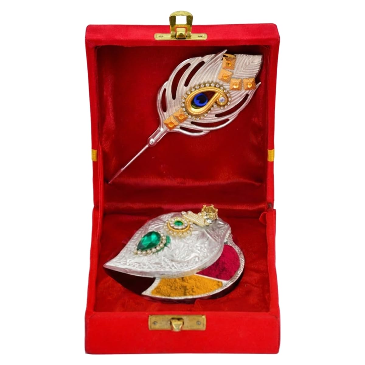 Saugat Traders German Silver Plated Haldi Kumkum Holder with Peacock Feather Tilak Stick Velvet Gift Box for Puja Return Gift for Women, Ladies | Roli Chawal Chopda Set-image-37