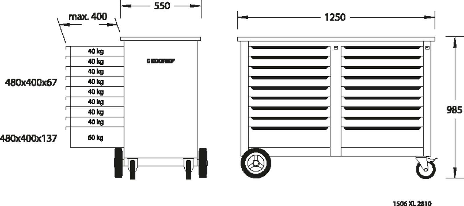 GEDORE Rollwerkbank 125cm - 18 Schubladen Profi Werkbank