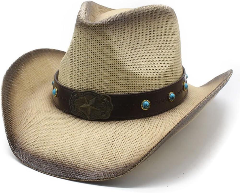 Western Cowboy Hat with Turquoise Studded Leather Band, Brown Straw, Star Emblem