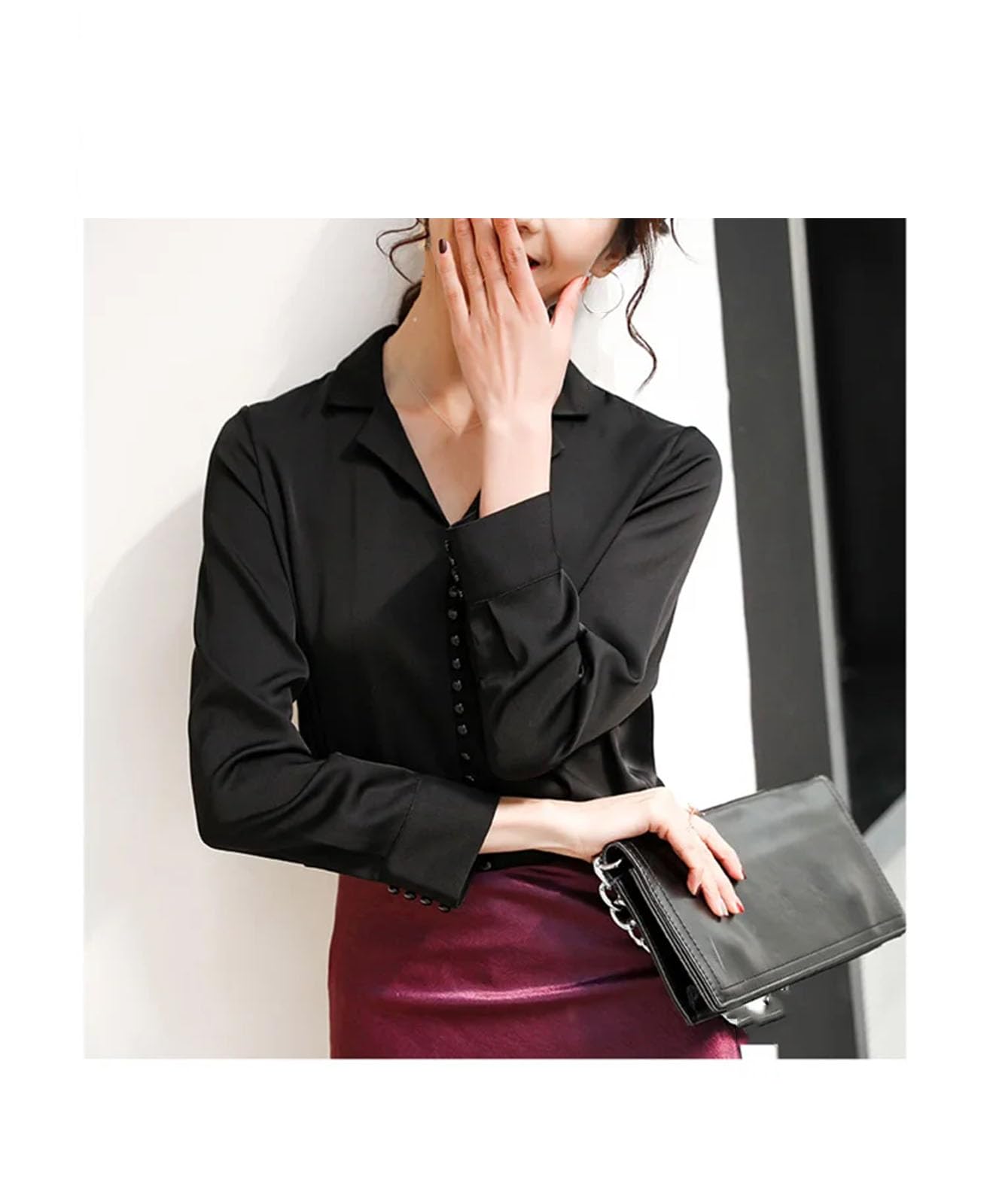 Camisa de manga larga de seda con solapa para mujer, para negocios, oficina, cuello en V, ajustada
