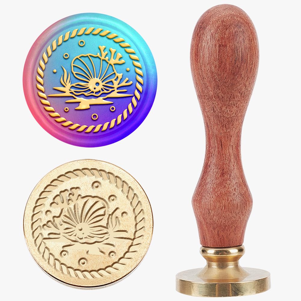 MAYJOYDIY Sea Shells Wax Seal Stamp Summer Ocean Coral Sealing Wax Stamp Underwater World Vintage 25mm Removable Brass Stamp Head Wood Handle for