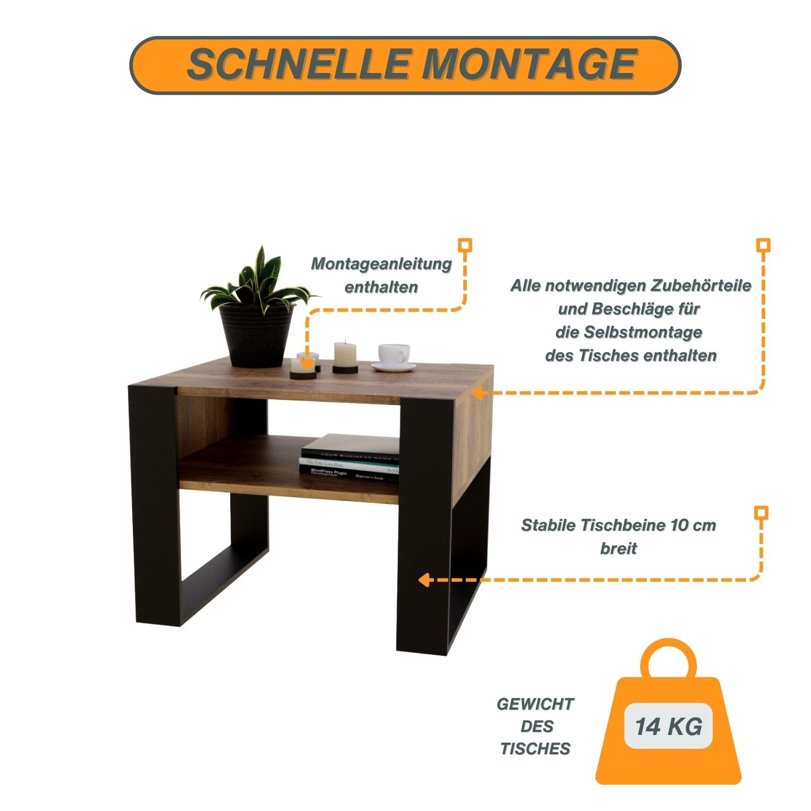 CraftPAK Wohnzimmer Tisch für Couch aus hochwertigem Holz, Stabiler & moderner Couchtisch mit zusätzlicher Ablagefläche, Farbe Retro-Schwarz