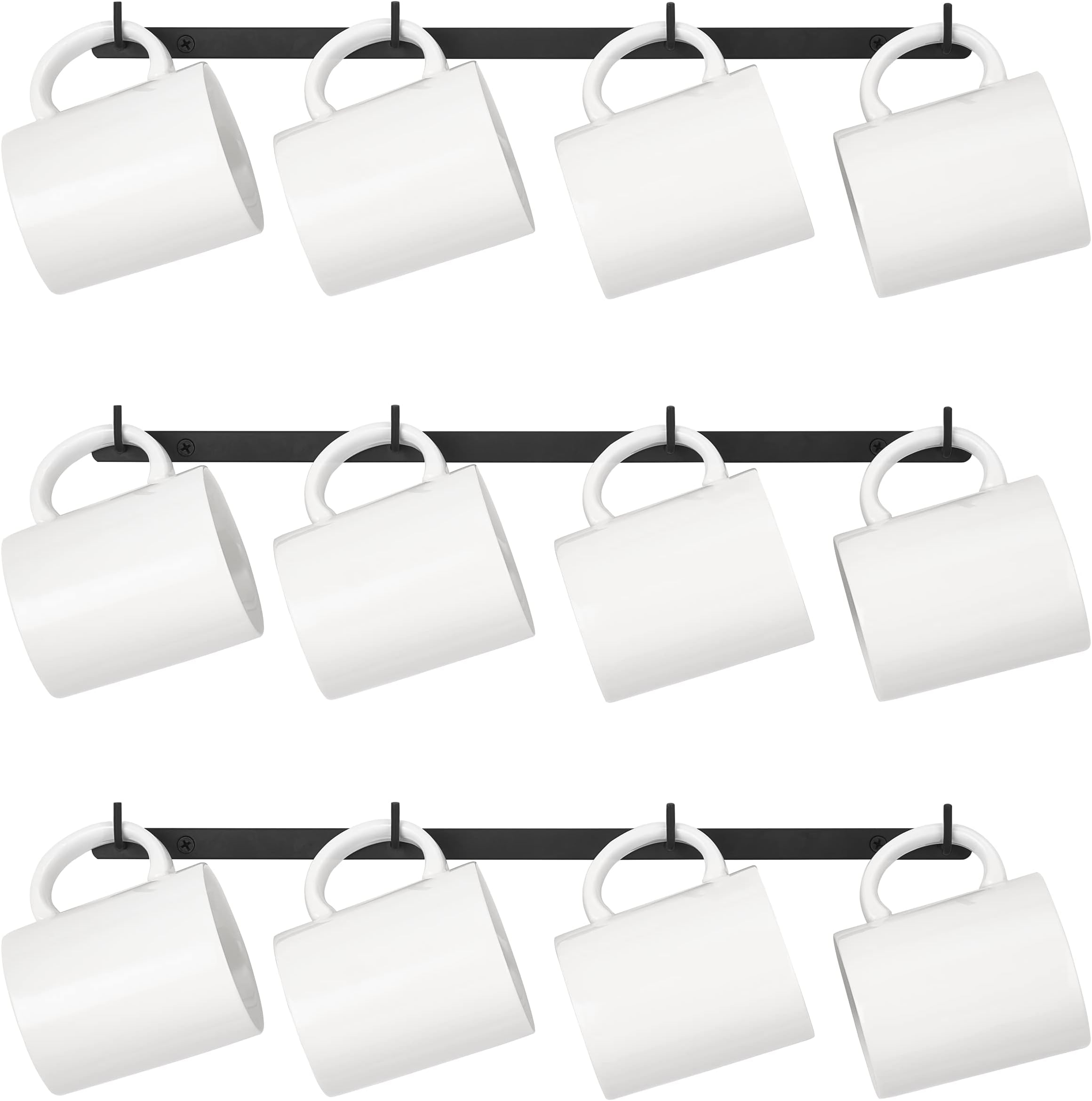 Metal Coffee Mug Rack Wall Mounted with 12 Mug Hooks, Set of 3, Mug Display Rack Cup Holder Storage for Kitchen Dining Room Coffee Bar, Black