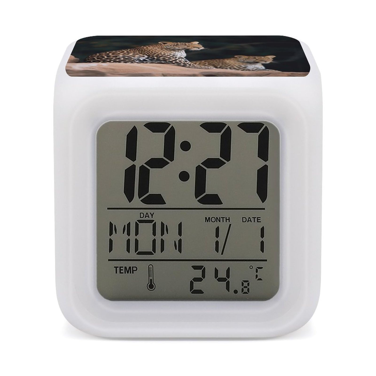 VstaDank African Leopard on Rock Digital Alarm Clock LED Display Screen Color Change Alarms Clock Smart Alarm Clock Wake Up Digital Clocks with 7 Color Nightlight for Bedroom