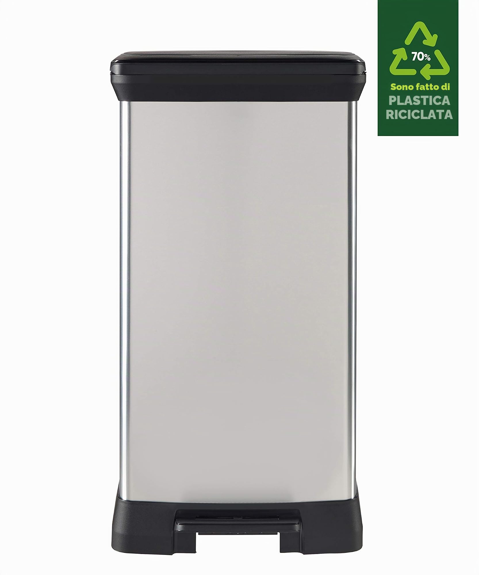 Curver Pattumiera a Pedale Rettangolare Decobin, capacità 50 l, Chiusura Morbida, Effetto Metallo, per Cucina, Ufficio, Bagno, 39 x 29 72 cm, in Metallo Riciclato(Versione precedente)